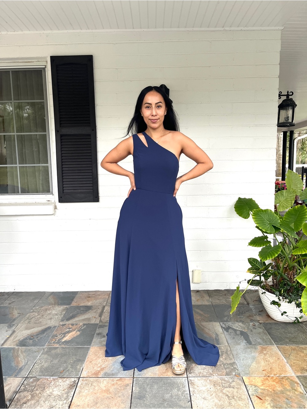 Navy One-Shoulder Evening Gown